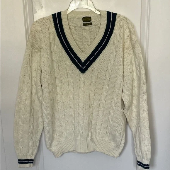 Vintage Evergreen Heavyweight Cream Cable Knit Sweater Large Preppy - Picture 1 of 5